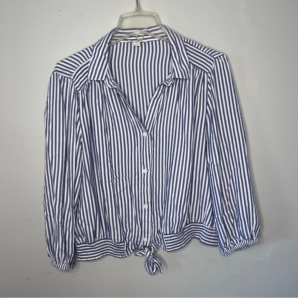 BeachLunchLounge‎ Striped Tie Front Blouse 3/4 Sleeve Blue White size L